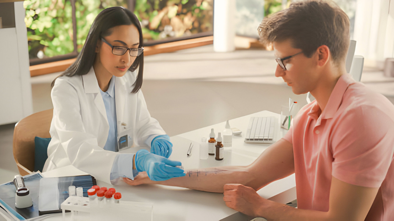 Paciente realizando sua primeira consulta com uma médica alergologista.