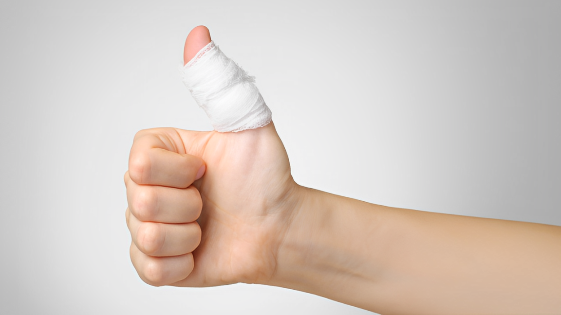 Dedo fraturado para cima e enfaixado por conta de ferida inflamada