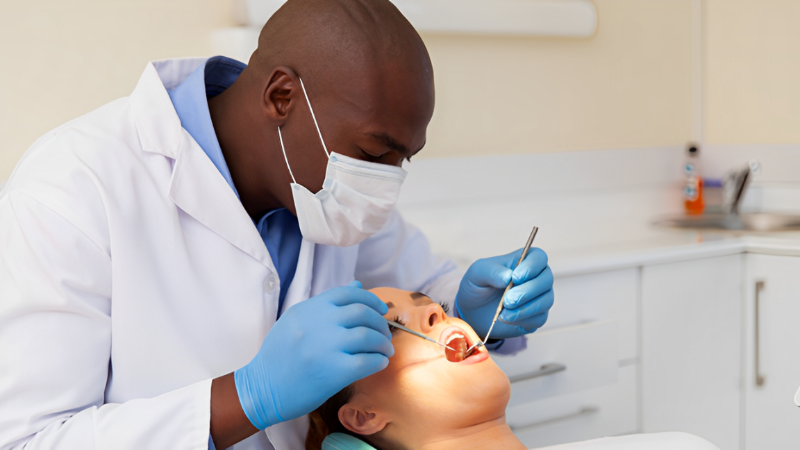 Odontologista realizando tratamento em uma paciente com periodontite