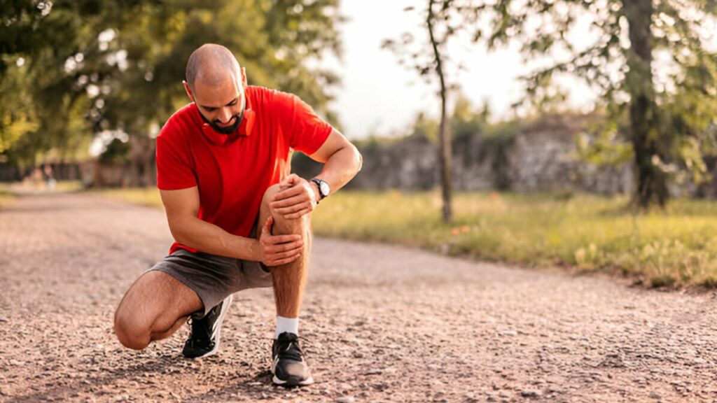 Homem se agachando para colocar as mãos no joelho esquerdo