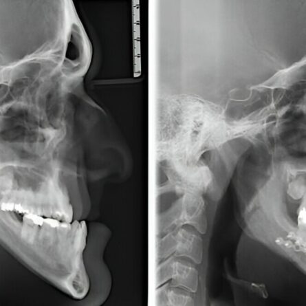 radiografia monstrando resultado de cirurgia ortognática antes e depois