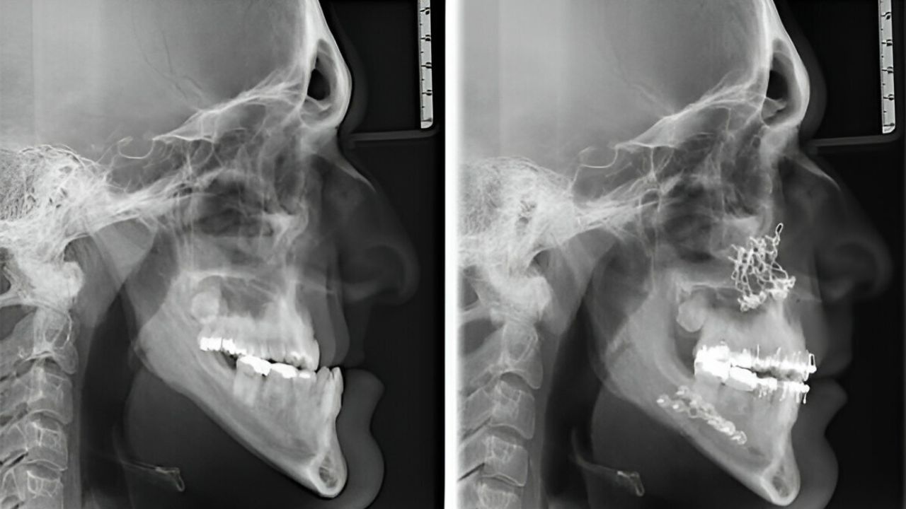 radiografia monstrando resultado de cirurgia ortognática antes e depois