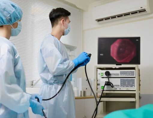 Médico realizando endoscopia em paciente