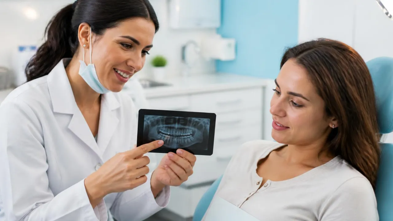 Dentista mostrando radiografia à paciente para confirmar a necessidade de canal
