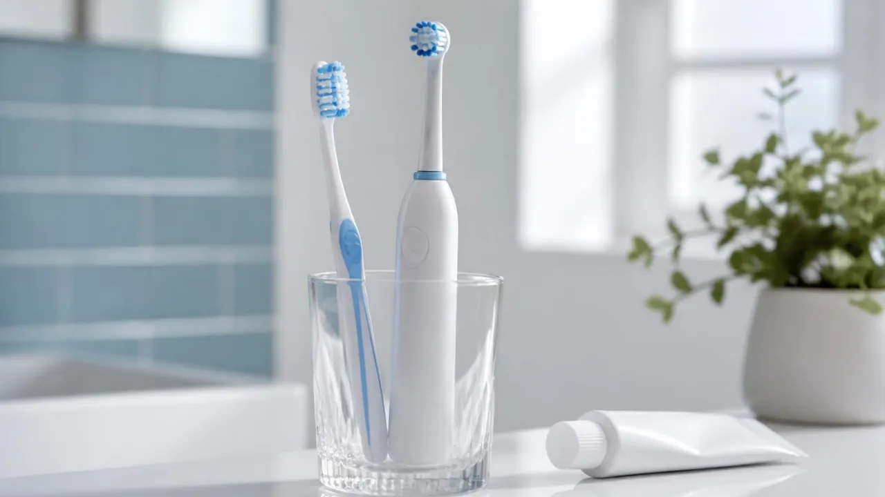 Escova de dente manual de cerdas macias ao lado de escova elétrica