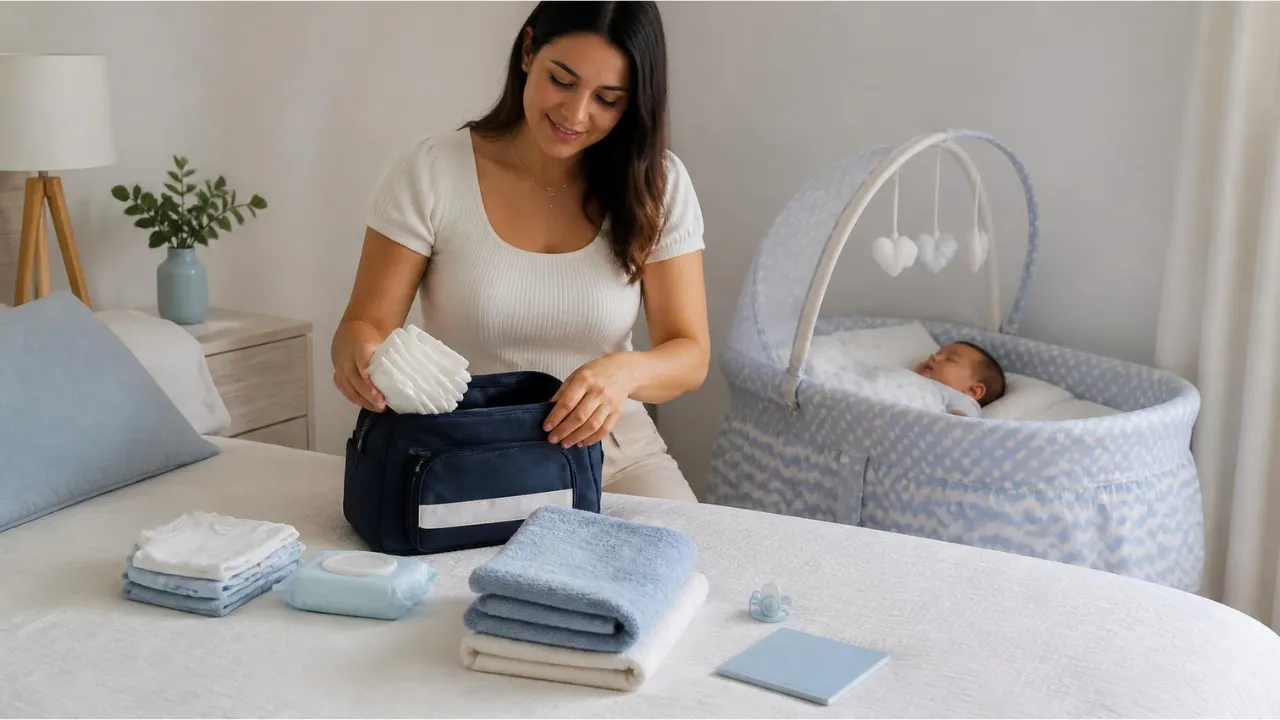 Mãe organizando a bolsa do bebê com fraldas, roupas e carteirinha de vacinação para a primeira consulta
